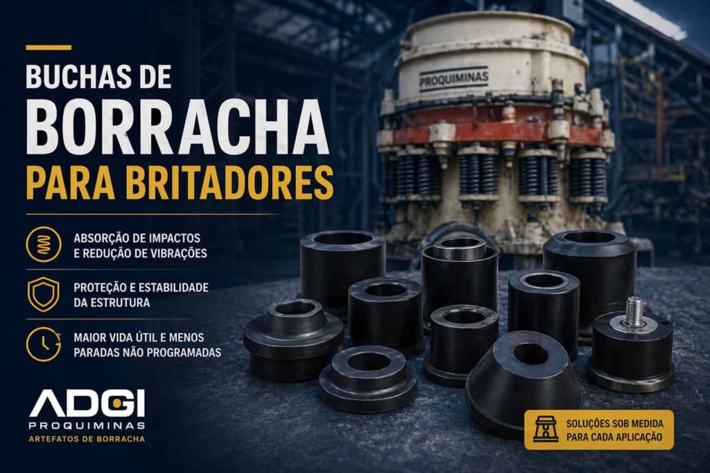 Buchas de borracha para britadores industriais com britador cônico e peças técnicas em borracha para mineração fabricadas pela ADGI Proquiminas