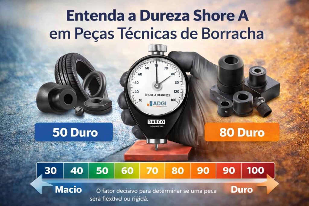 Escala de dureza Shore A em peças técnicas de borracha com durômetro medindo 62 Shore A - guia completo da ADGI Proquiminas