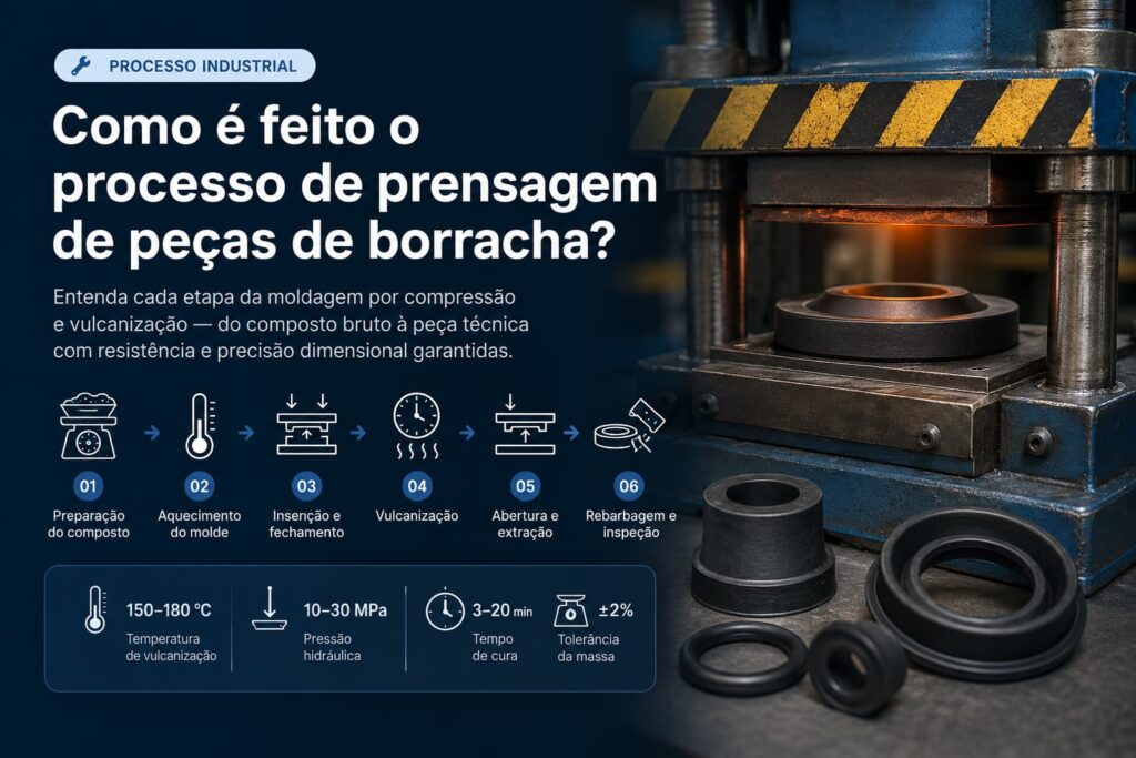 Processo de prensagem de peças de borracha em prensa hidráulica com etapas ilustradas e parâmetros de vulcanização.