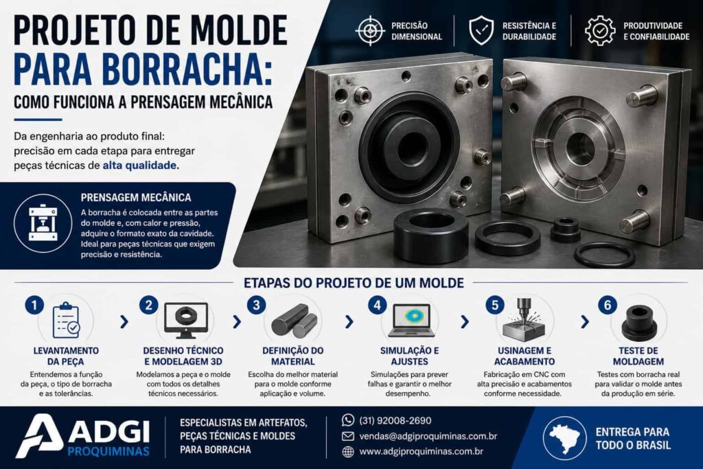 Imagem ilustrativa em formato horizontal mostrando molde metálico bipartido para prensagem de borracha, com peças técnicas como buchas e anéis, além das etapas do projeto de moldes industriais.